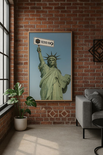 Affiche Qibla New York encadrée dans un loft en briques, avec plante verte et lumière naturelle