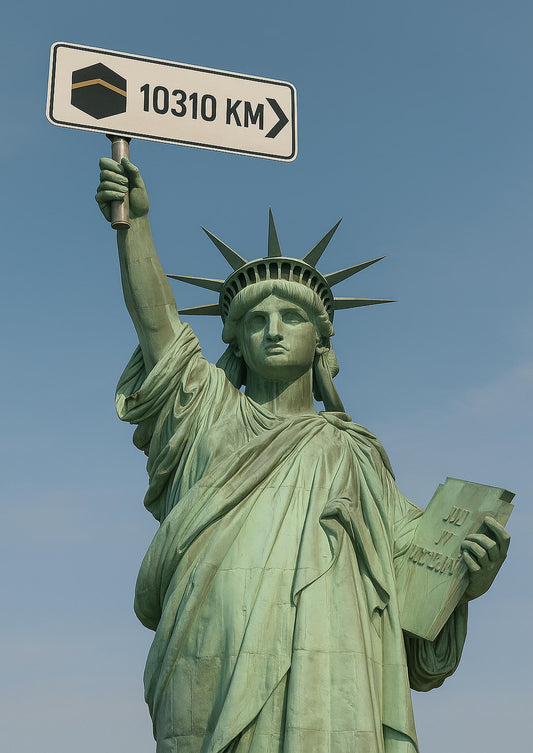 Affiche Qibla New York – Statue de la Liberté tenant un panneau direction Kaaba