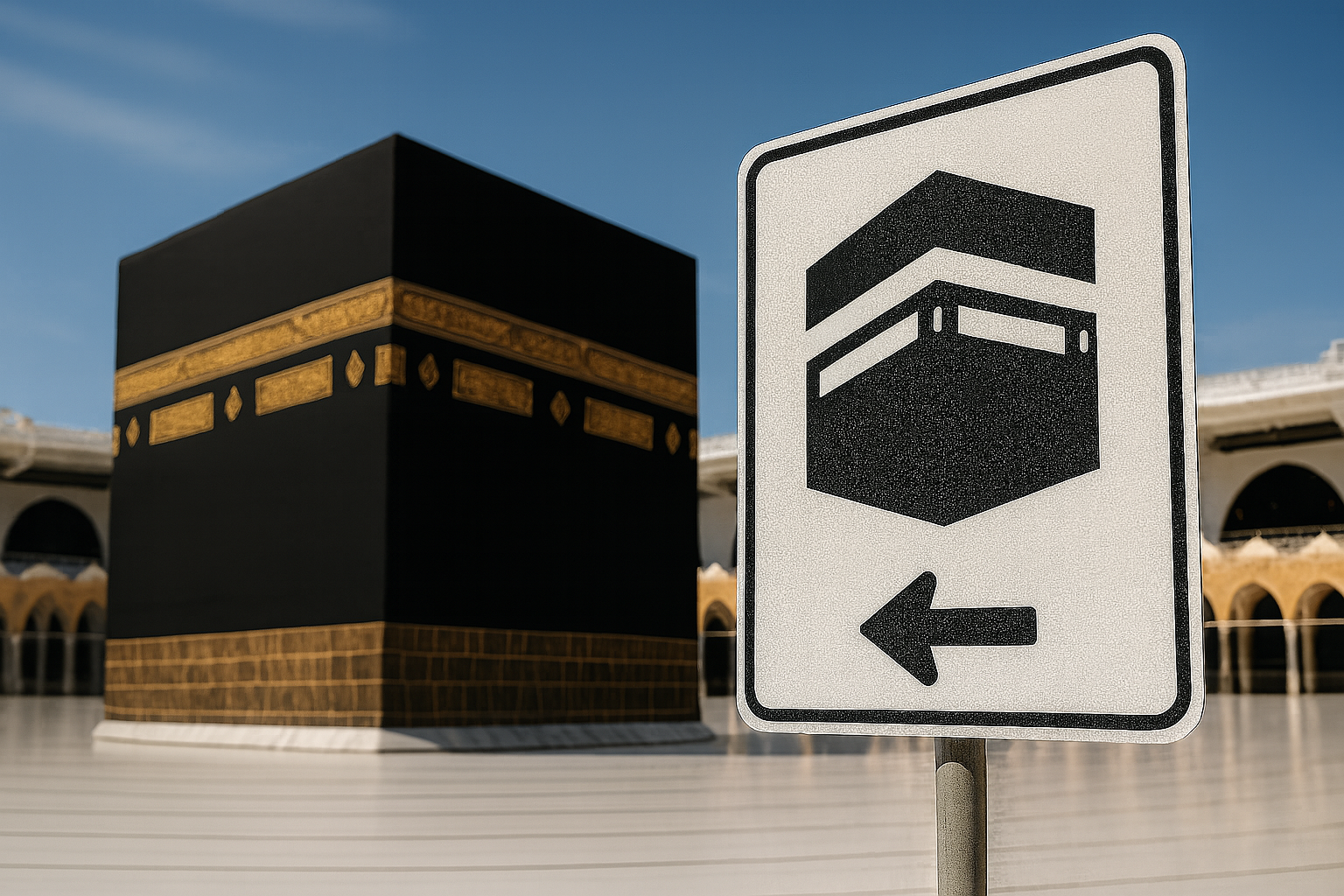 Illustration conceptuelle d’un panneau stylisé indiquant la direction de la Kaaba, avec une représentation symbolique de la Kaaba en arrière-plan