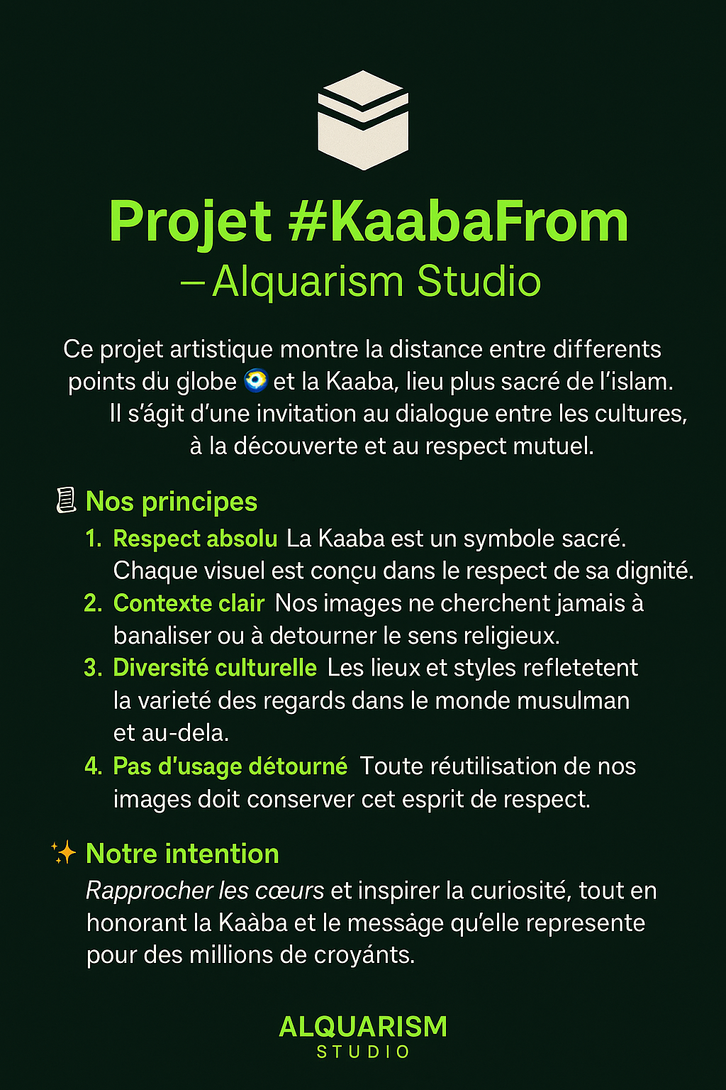 Présentation des principes et de l’intention du projet artistique KaabaFrom par Alquarism Studio
